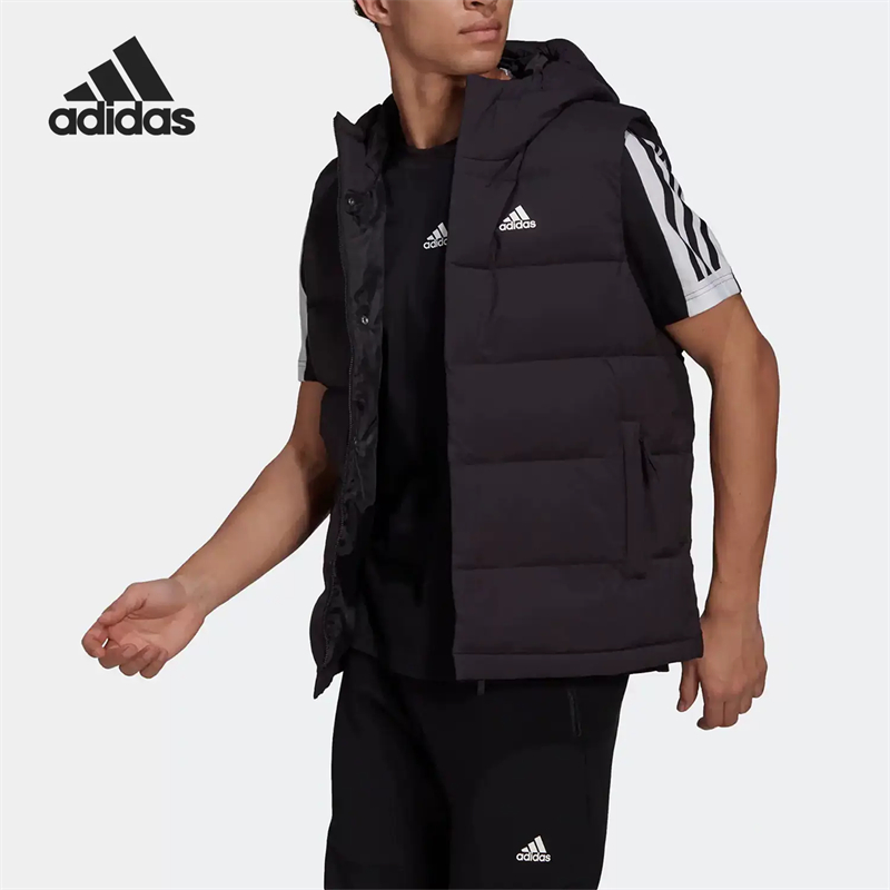 正品Adidas/阿迪达斯男子冬季户外休闲保暖连帽羽绒马甲 HG6277 - 图1