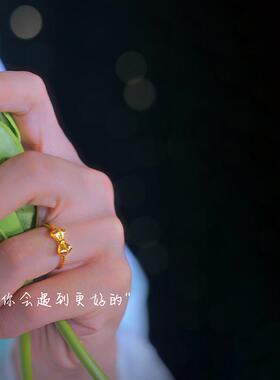 蝴蝶结开口戒指在逃公主18k黄金色新款甜美可爱指环送女朋友礼物