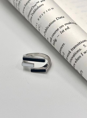 925银珐琅戒指 A139黑白键个性ins风开口戒指黑色小众简约银戒