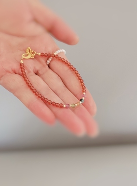 天然芬达色石榴石碧玺手链女福牌不掉色红色手串本命年礼物送女友