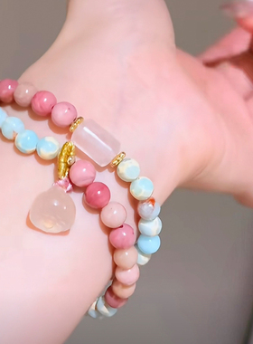 新中式寿山石双圈手链女水晶小众精致高级感莲蓬红纹石手串手