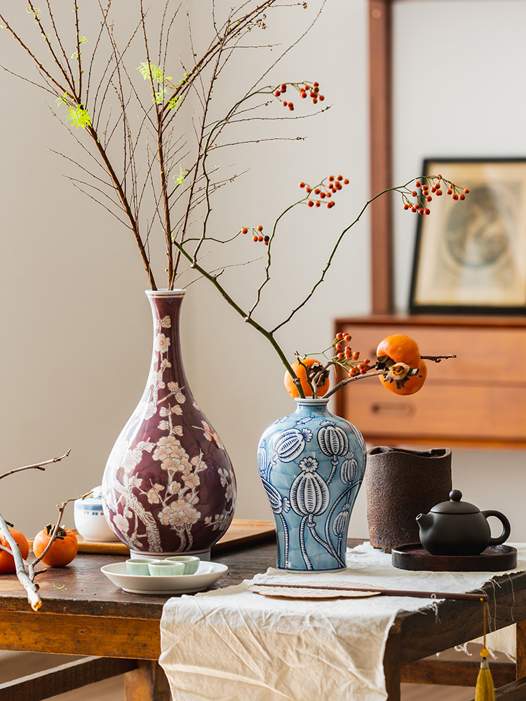 收获小屋玄关装饰客厅朱红色花瓶陶瓷青花插花花器摆件家居乔迁礼