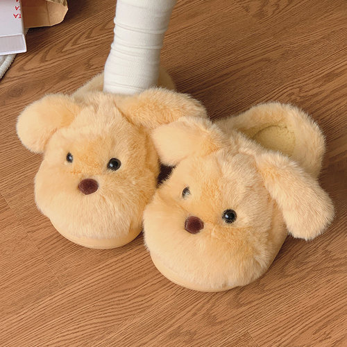 可爱小狗棉拖鞋女秋冬季外穿男女情侣加绒潮防滑室内保暖棉鞋假日 - 图1