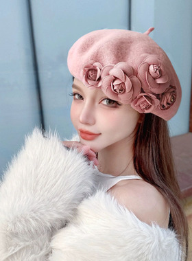甜美立体花朵秋冬贝雷帽