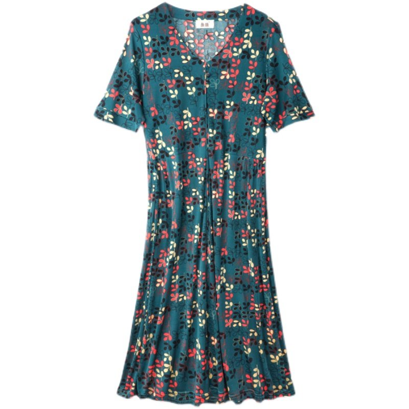 【清仓】真丝针织印花短袖连衣裙夏季复古气质显瘦桑蚕丝V领中,淘宝优惠券,粉丝福利购,淘宝优惠卷