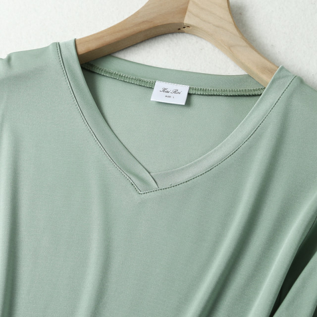 ເສື້ອຍືດຜູ້ຍິງເສື້ອຍືດຄໍ V-neck 3-quarter versatility slim-fit silk knitted women's T-shirt
