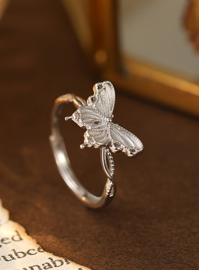 S999纯足银森系蝴蝶戒指女高级感