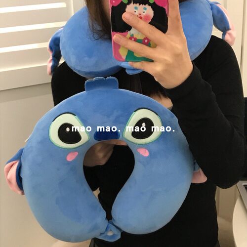 卡通蓝色狗U型枕记忆棉护颈枕可爱午休枕头旅行飞机睡觉神器便携 - 图1