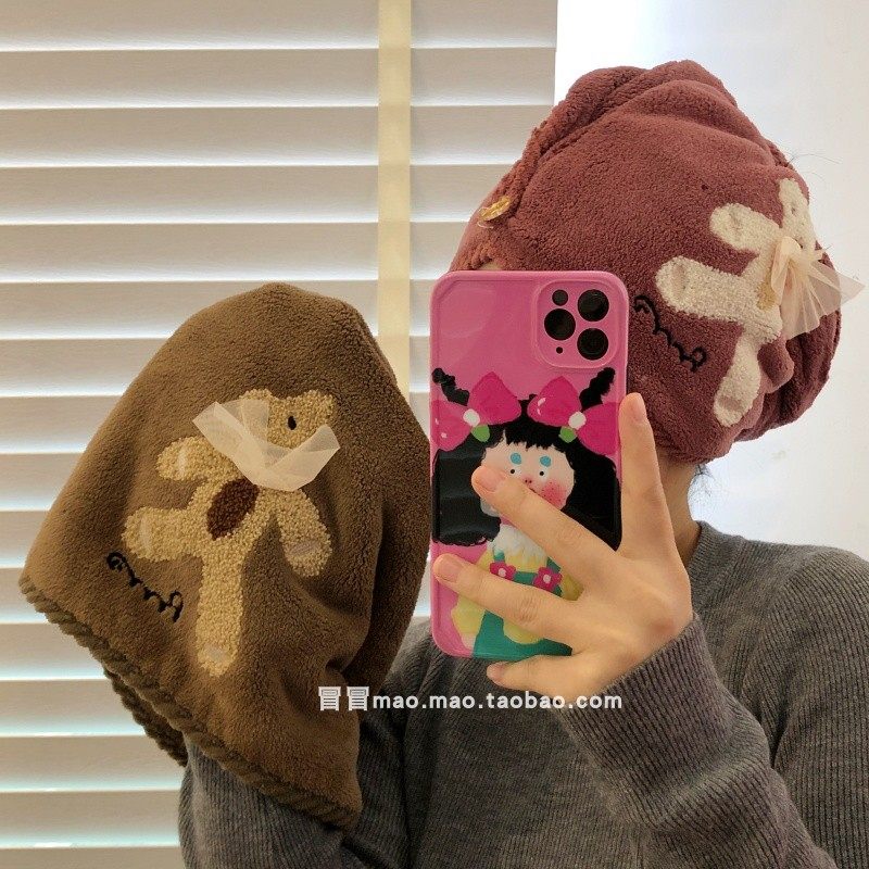 可爱卡通蝴蝶结小熊包头巾加厚珊瑚绒吸水速干干发帽浴帽,淘宝优惠券,粉丝福利购,淘宝优惠卷