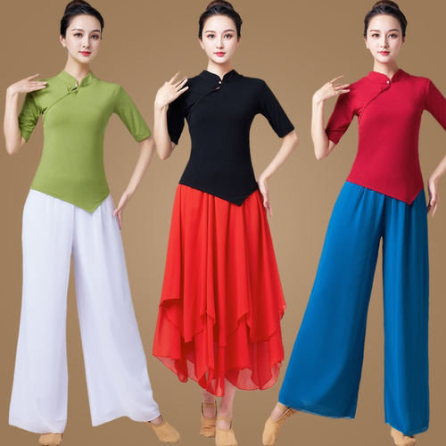 舞蹈练功服身韵飘逸演出服广场舞服装套装女中袖古典现代舞跳舞衣 - 图1