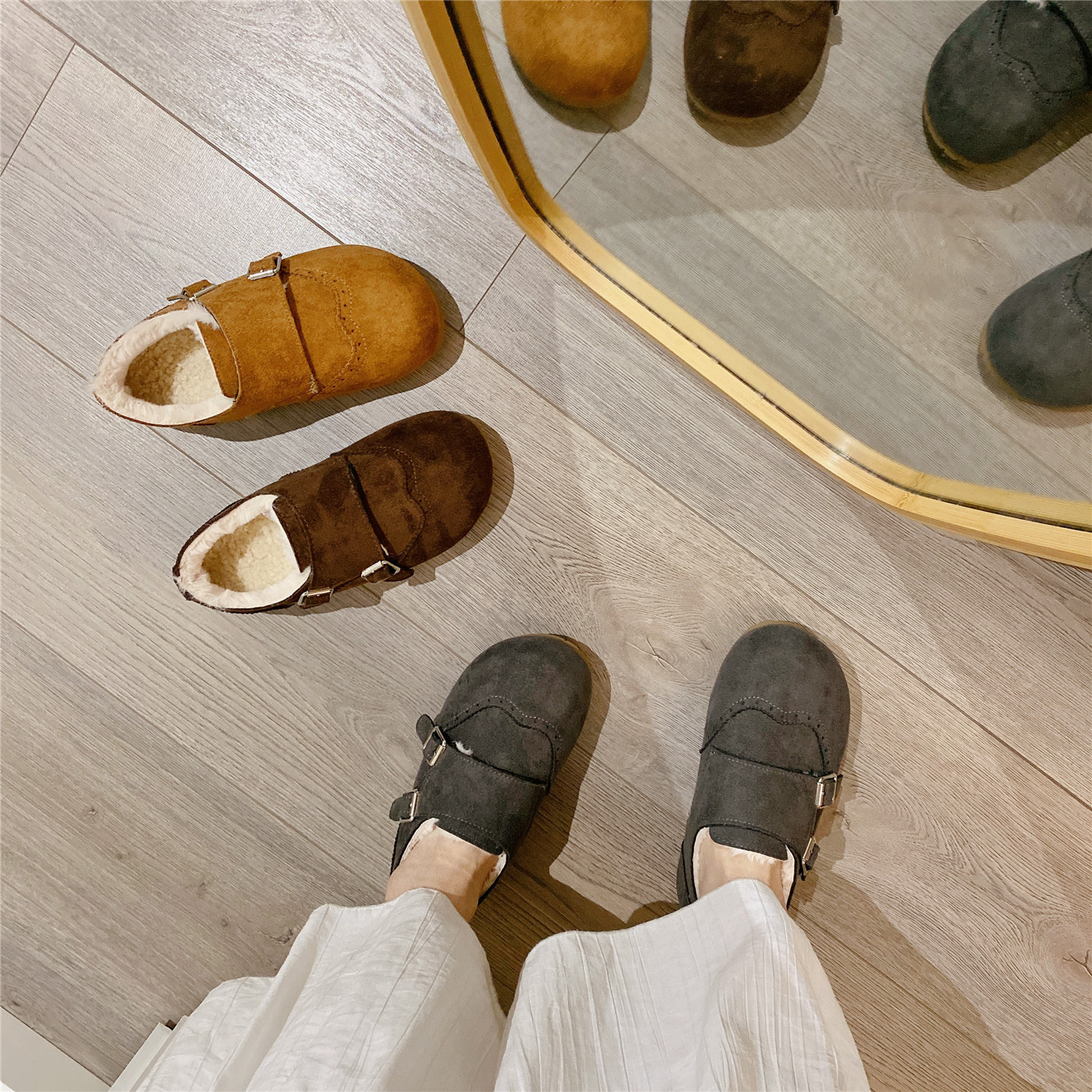 复古毛毛鞋保暖厚底勃肯鞋女2025冬季新款韩版加绒内增高单鞋棉鞋 - 图1