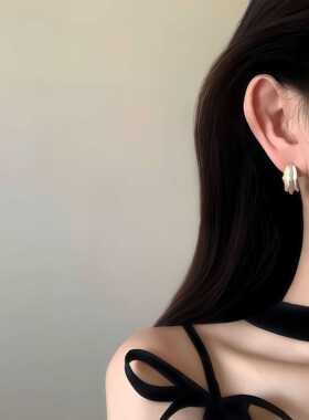 S999纯银针白色珐琅C圈耳环女