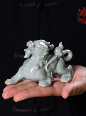 龙泉青瓷 手工貔貅茶宠一对招财 陶瓷家居摆件茶玩茶装饰茶具