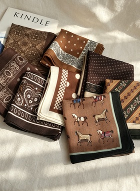 美拉德色系棉麻质感小方巾女 秋冬复古领巾包头丝巾绑包衬衫发带