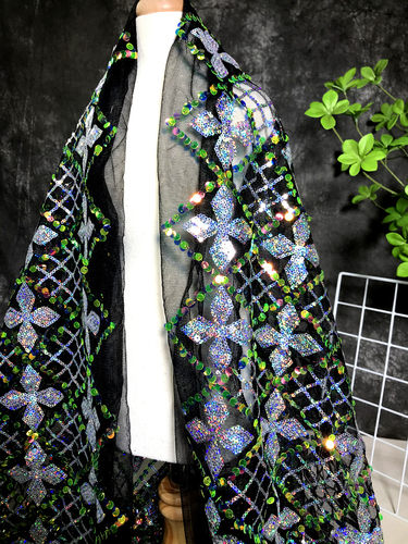 魔法水晶格子幻彩亮片方格粉色亮片绣花面料设计师服装时装布料 - 图0
