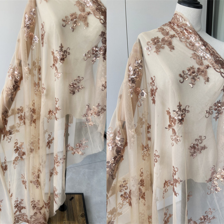 黑大红色香槟金银色网纱绣花蕾丝亮片服装旗袍表演亮片布料面料 - 图0