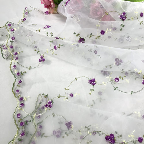 粉色紫色小玫瑰花小花绣花蕾丝布料欧根纱刺绣服装连衣裙布料面料 - 图2