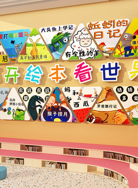 图书馆角布置阅读区幼儿园文化墙面览室环创打开绘本看世界装饰品