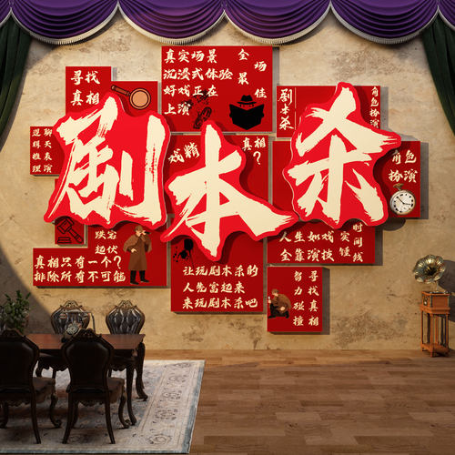 网红剧本杀店墙面装饰狼人杀桌游房间推理室布置海报场背景壁贴纸 - 图3