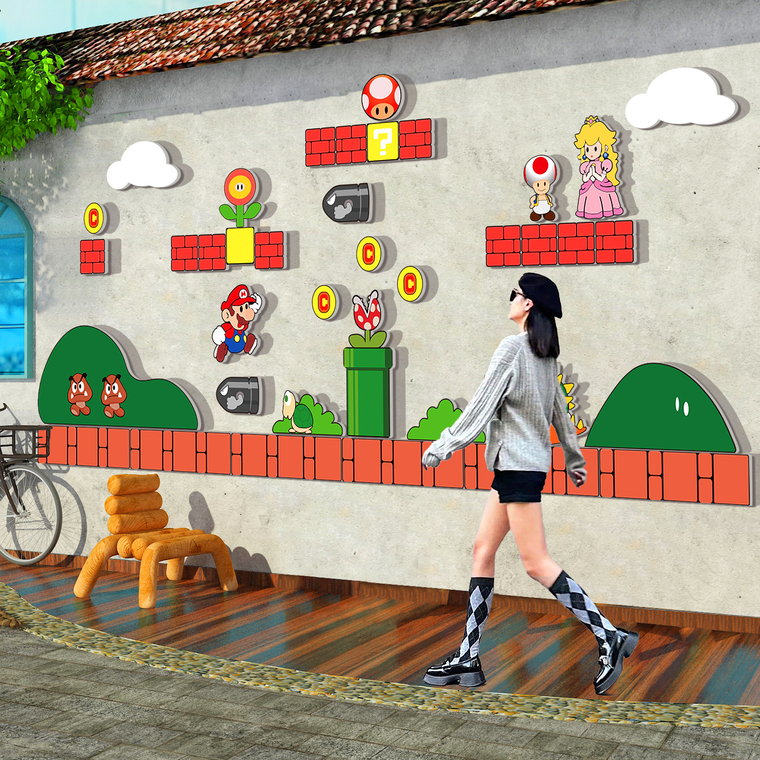 网红超级玛丽马里奥水管道童打卡拍照墙面贴纸布置装饰海报3d立体,淘宝优惠券,粉丝福利购,淘宝优惠卷