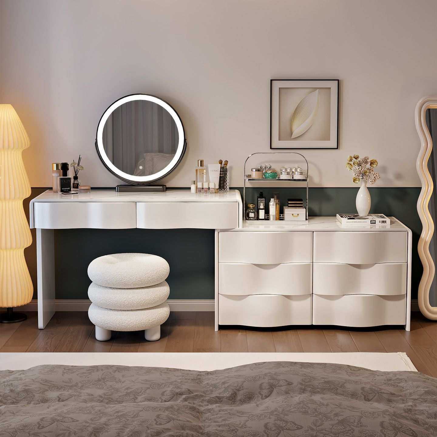 北美家用卧室梳妆台小户型转角化妆桌床尾组合收纳一体柜书桌岩板,淘宝优惠券,粉丝福利购,淘宝优惠卷