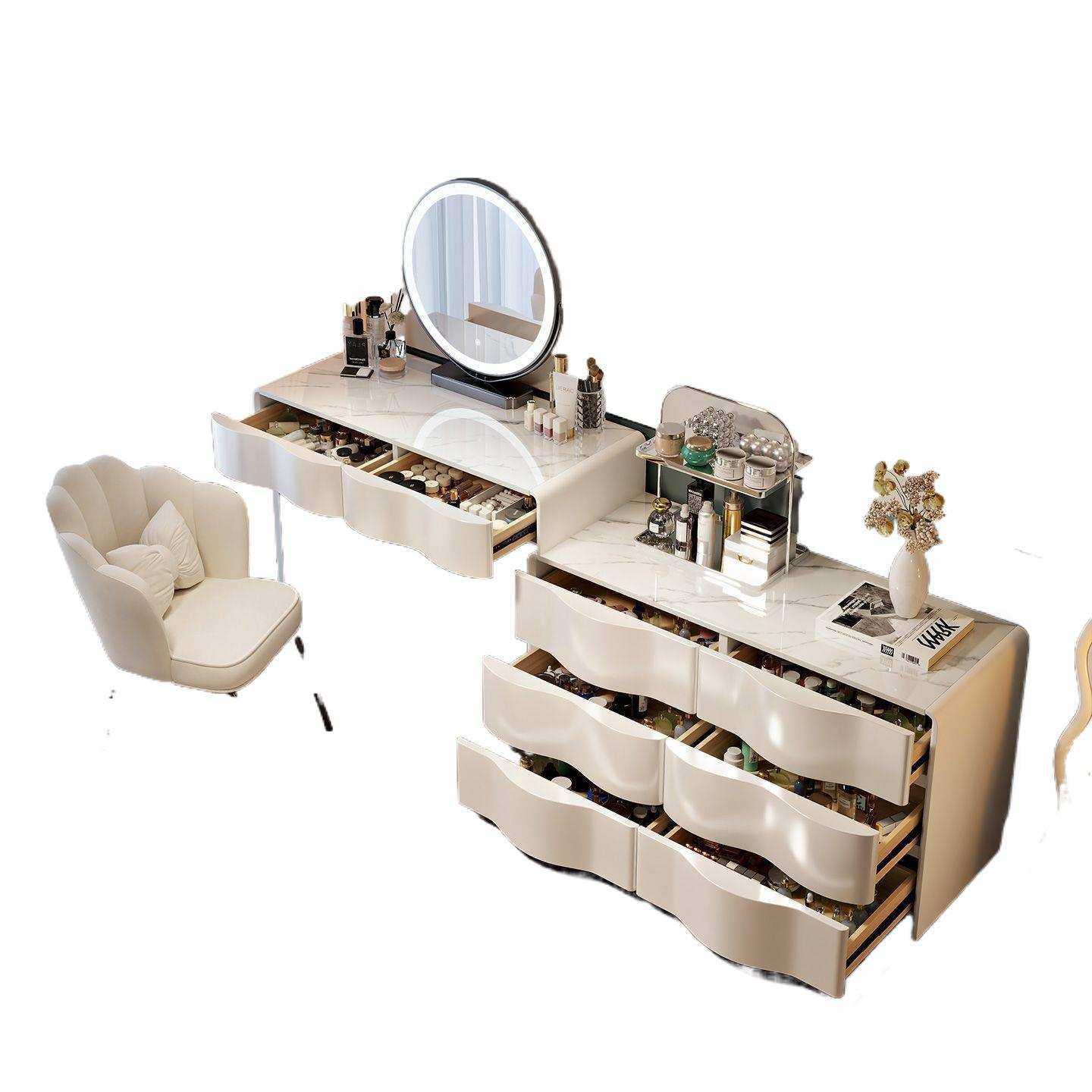 北美家用卧室梳妆台小户型转角化妆桌床尾组合收纳一体柜书桌岩板,淘宝优惠券,粉丝福利购,淘宝优惠卷