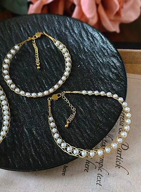 藤蔓编织设计款珍珠手链3-4mm正圆基本无暇进口金丝绳复古高级女