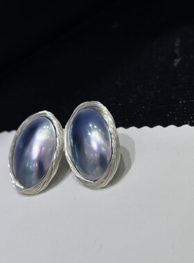 织物密语海水椭圆马贝编织款知性手作感高级耳钉14*21mm925银耳针