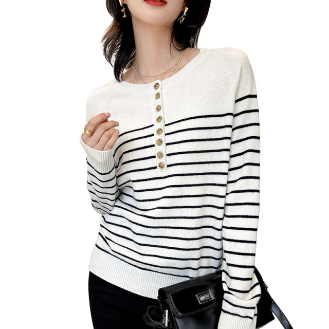 French 2021 new autumn and winter cashmere sweater female thin loose round collar wool stripe top bottom sweater