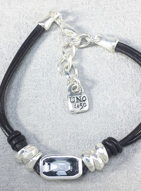 西班牙UNOde50 轻奢复古方形镶钻手链女小众黑色皮革手镯简约气质