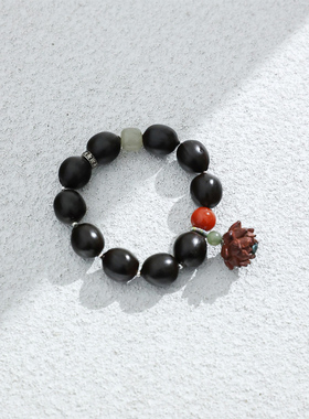 KAKA 新中式国风黑莲子紫檀木莲花吊坠南红和田玉纳福手串耳坠女