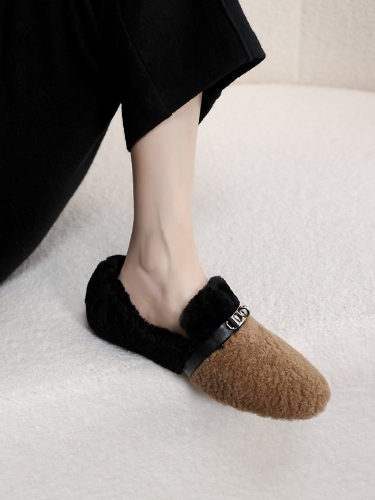 KAKA 法国客单款羊羔毛一体圆头中口一脚蹬鸳鸯撞色保暖平底鞋女,淘宝优惠券,粉丝福利购,淘宝优惠卷