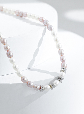 复古温柔粉色混彩米粒珍珠项链女