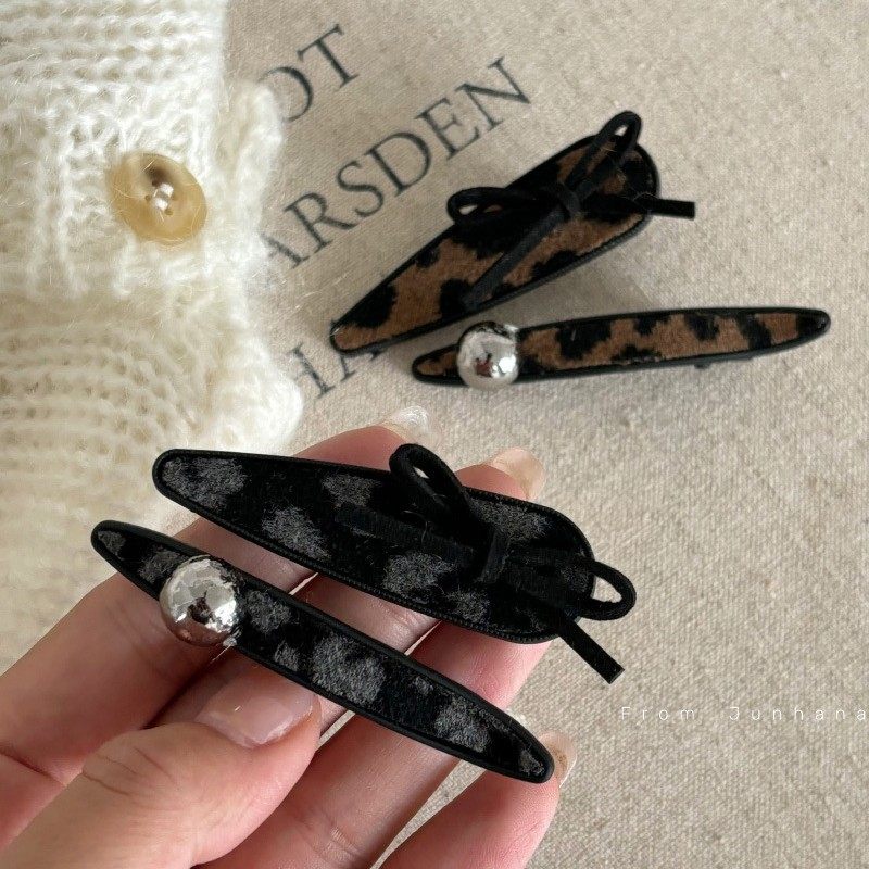 咖色豹纹发夹边夹蝴蝶结侧边刘海夹秋冬气质银球鸭嘴夹女一字夹发,淘宝优惠券,粉丝福利购,淘宝优惠卷