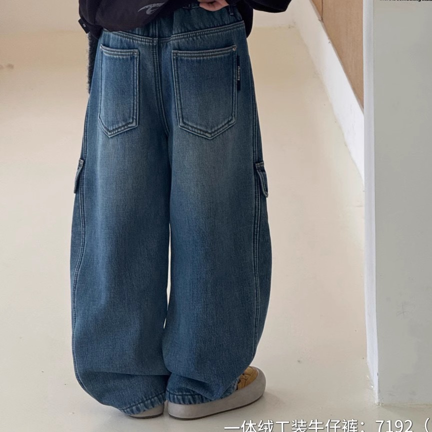 小智同学2025冬新款7192一体加绒牛仔工装裤中大童男女童可亲子 - 图2