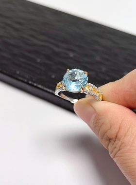 G182# 通体S925纯银双色镀金精工镶嵌托帕石戒指 裸石9mm 配证书