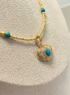 D1459# 通体S925纯银镀金拉丝镶嵌工艺高端绿松石美松爱心吊坠