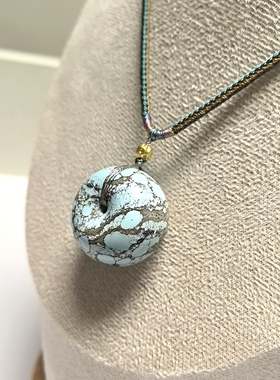 D472# 天然原矿绿松石胖墩网花平安扣吊坠 大版锁骨链25.8*18.5mm