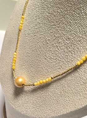 D1455# 天然真多麻海水珍珠项链 金珠锁骨链滚运珠10mm配原矿蜜蜡