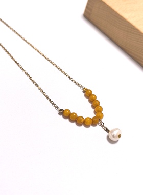 D802# 天然蜜蜡笑脸锁骨链3.5mm 配珍珠吊坠 总重1.71克