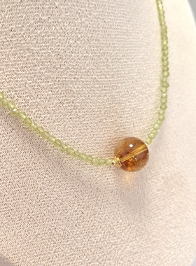 D1418# 天然阿赛斯特莱彩虹黄水晶吊坠锁骨链12.5mm 橄榄石配链