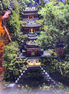 微景观雨林缸生态缸造景桌面流水摆件创意寺庙财神殿玻璃缸