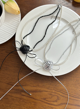 长蝴蝶结小众设计银色双层项链