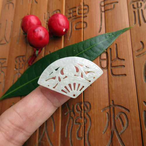 21279保真缅甸玉天然A货翡翠玉通花雕扇子小花件玉扇吊坠实拍H10 - 图3