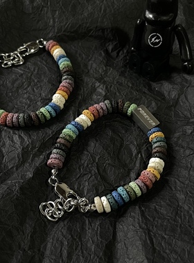 男士钛钢拼接火山石手链