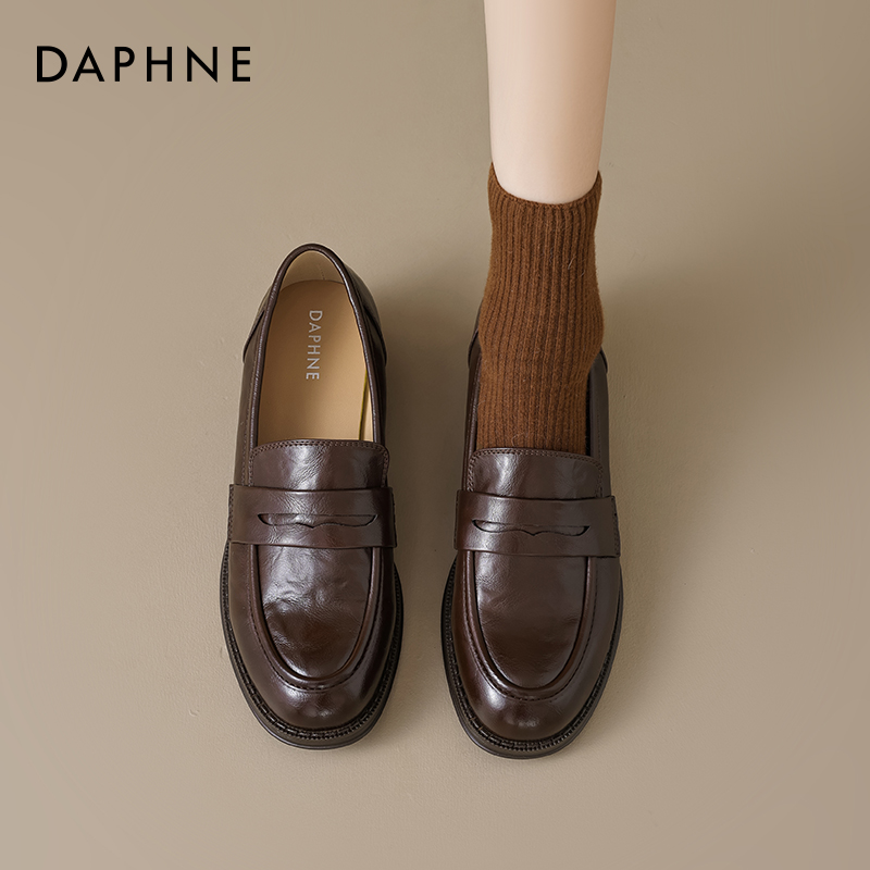 达芙妮厚底乐福鞋女2025春季棕色单鞋一脚蹬英伦风小皮鞋复古通勤 - 图1