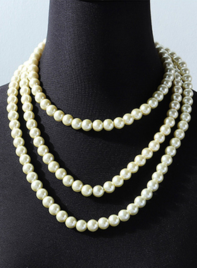 多层长款白色漂亮甜美风珍珠项链