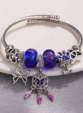 彩衣阁镶钻圆形吊坠手镯女款多色水晶大孔串珠钛钢不锈钢开口手镯