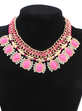 彩衣阁彩色水钻项链圆圈型礼服项链时尚韩版玫红色绳编项链饰品