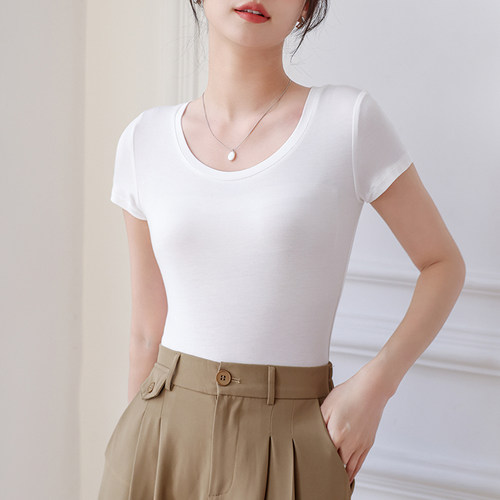 莫代尔短袖t恤女士修身显瘦2025夏季新款白色打底衫冰丝体恤上衣 - 图0